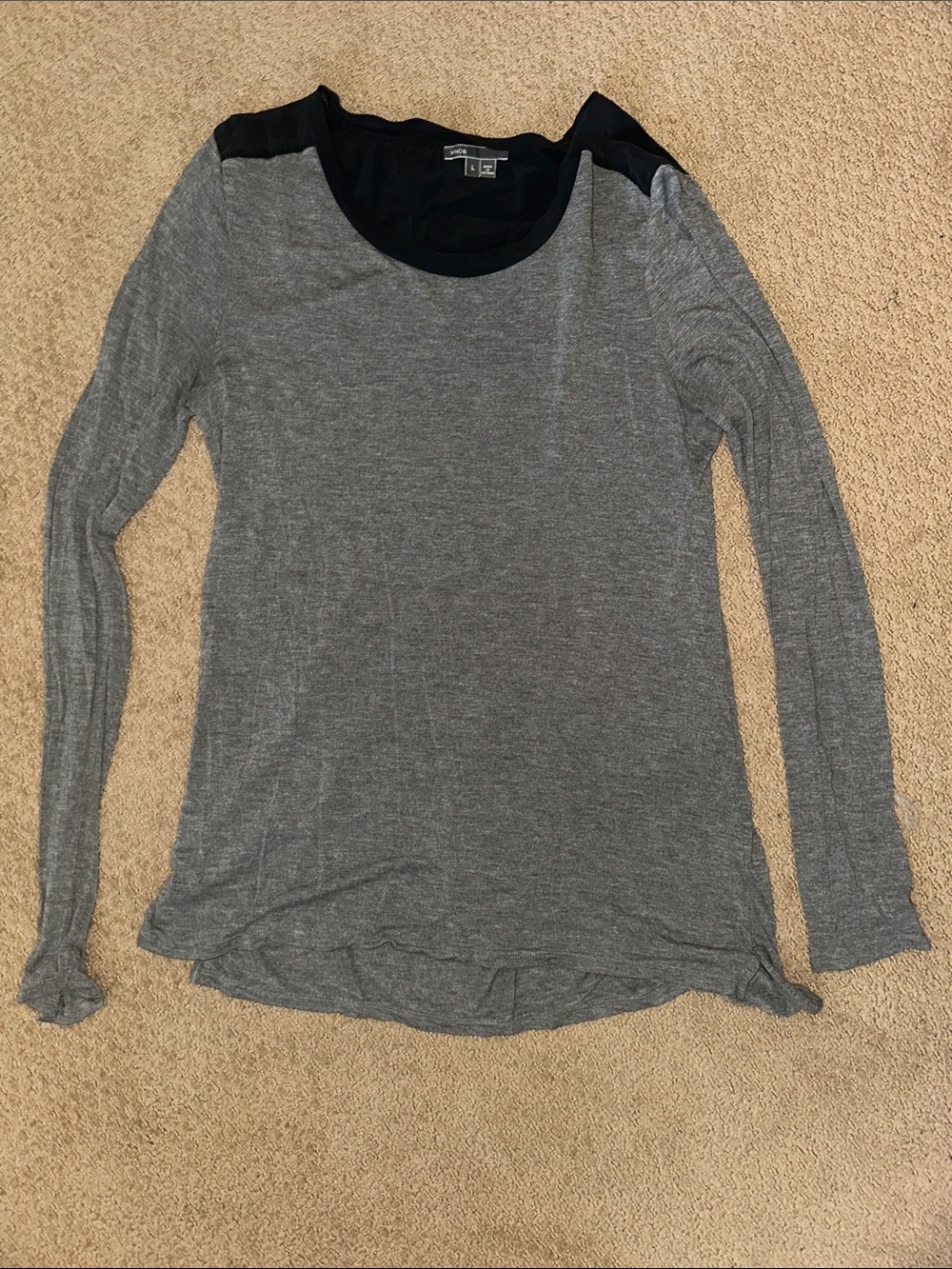 Vince Gray Long Sleeve Scoop Neck Top with Black Trim